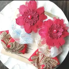 ヴィンテージ　リボン　イヤリング　フラワー　ゴールド　チュール　レース　パール