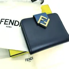【希少色 極美品 箱付き】フェンディ　FFダイヤモンド　コンパクトウォレット　紺