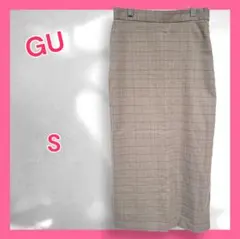 GU グレンチェックタイトスカート S ベージュ系 ロング丈 上品