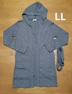 美品☆ LL ロング フード付き前開きカーディガン グレー レディース