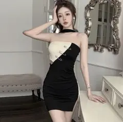 ♥ラス1♥黒　M　ワンピース　半袖　レディース　海外　ミニ丈　バイカラー　韓国