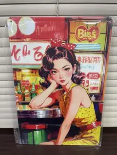 昭和風 少女画像 リボン ブリキ看板 レトロ アンティーク 壁掛け