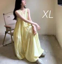黄ノースリーブワンピース　バルーンワンピース　ティアードワンピース　涼　夏　海外