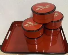美品!! 漆器 蓋付きお椀5客＋長方形お盆 トレーセット和食器 お正月 来客用
