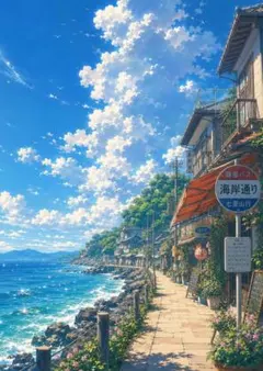 4609 青い海へ続く港町の路地 爽快な夏空アート - メルカリ