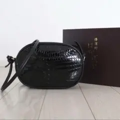 美品 傳濱野 den HAMANO レーヴ クロコ ショルダー バッグ ブラック