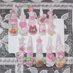 ネイルチップ ピンク白 量産 女児 オムライス ねこ 萌 もえ にゃん ドット
