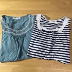 axes femme 半袖カットソー レース装飾グリーン、ボーダー2枚セット