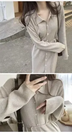 ベージュ 長袖ニットワンピース FREEサイズ