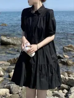 SHEIN 無地柄ボタンスルーフリル袖スモックドレス