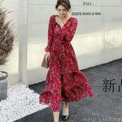 超仙復古赤い花柄のシフォンワンピース中丈の女性スカート Z490V9