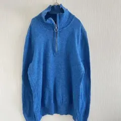 ハーフジップ ニット セーター ブルー ミックス コットン L