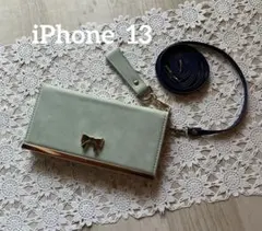 リボン付きグリーン手帳型ケースiPhone 13ケース