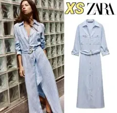 新品 ZARA 定価8,590円 ベルト付 リネンブレンドシャツワンピース XS