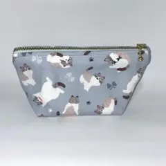 ハンドメイド ポーチ 猫柄 ライトブルー