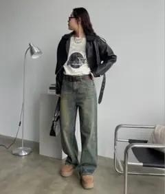 オーロララインストーン付きヴィンテージルーズデニムパンツ