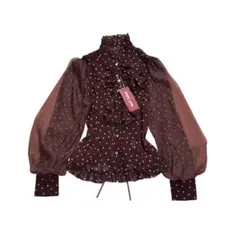 タグ付き BODYLINE フリル ブラウス ドット シアー ブラウン リボンのサムネイル