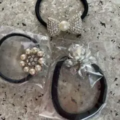 パール装飾リボン型ヘアゴム3個セット