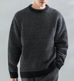 URBAN RESEARCH ROSSO バーズアイ柄 クルーネック ニット 黒