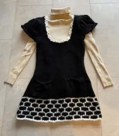 パフスリーブ Ａラインニットチュニック バイカラー黒✗白