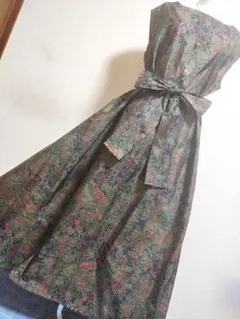 着物リメイクno.3101★大島紬・Aライン ロングワンピース 着物リメイク 大島紬花柄ワンピース Aライン 2WAY ロング リボン