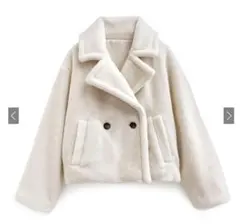 クリーム色 ダブルブレスト フリースジャケット