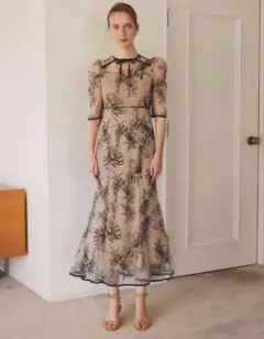 Leja 花柄リボンパフスリーブマーメイドワンピースドレス