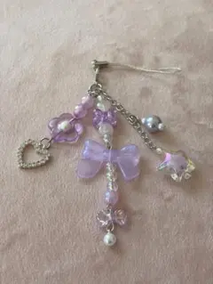 ハンドメイド　ビーズストラップ　パープル　ハート　リボン　推し活