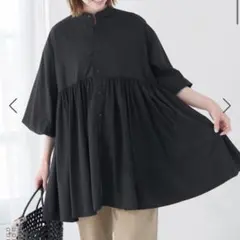 ブラック 五分袖 ボタンアップシャツ　ロペピクニック　デザインチュニックブラウス