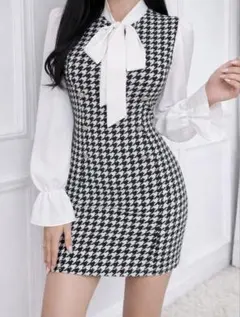 千鳥格子長袖ミニワンピース ドレス