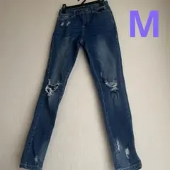 ゴージ スキニー デニム ダメージ加工 m s ブルー