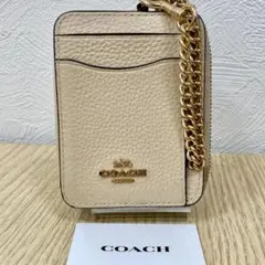 COACH ベージュ レザー パスケース コインケース ストラップ