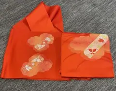 レディース　着物　帯　正絹　朱色　刺繍　蝶　名古屋仕立て　アンティーク