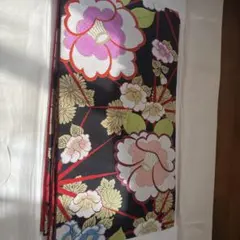 花柄 袋帯 黒地 赤裏地