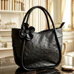 ✨極美品✨オーストリッチ ハンドバッグ 本革 花モチーフ 黒 和装 冠婚葬祭