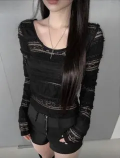 ブラック レース 長袖 トップス