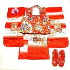 七五三　三歳　被布・着物・髪飾り・草履　4点　(22)