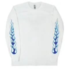 XL新品白青ファイヤーフレイム長袖プリントロンTシャツ炎ギルダンロンティー