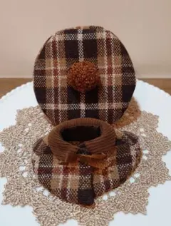 ぬい服　ベレー＆ケープ　タータンチェック茶色 10cm〜12cm wool