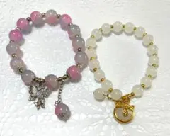 2点セット！　ホワイト天然石 ブレスレット ピンクブルーガラス　ブレスレット