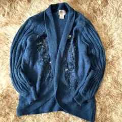 刺繍デザイン モヘア混ニットカーディガン 青 XL 古着　上品　ビーズ刺繍