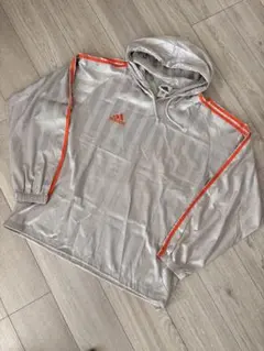 adidas ナイロンパーカー 銀×オレンジ Oサイズ デカロゴ