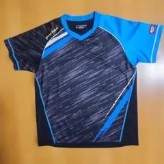 美品VICTAS 卓球ウェア S 黒/青 ストライプ