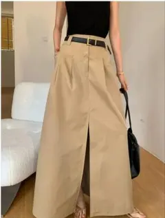 ベージュ スリットタイトスカート ベルト無し