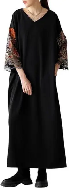 華やか！アンティカ 袖チュール 刺繍 ワンピース ゆったり レディース