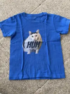 猫プリント Tシャツ 青　猫ミーム