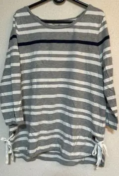 ストライプボートネック七分袖トップスL