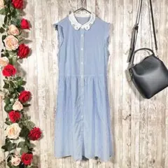 【ボンメルスリー】ストライプ ワンピース ノースリーブ 青 2211-135