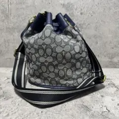 極美品✨️コーチ ショルダーバッグ 巾着 レザー バケット デニム 紺 ネイビー