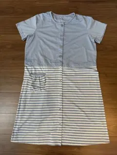 マタニティ パジャマ 水色 ストライプ M-L